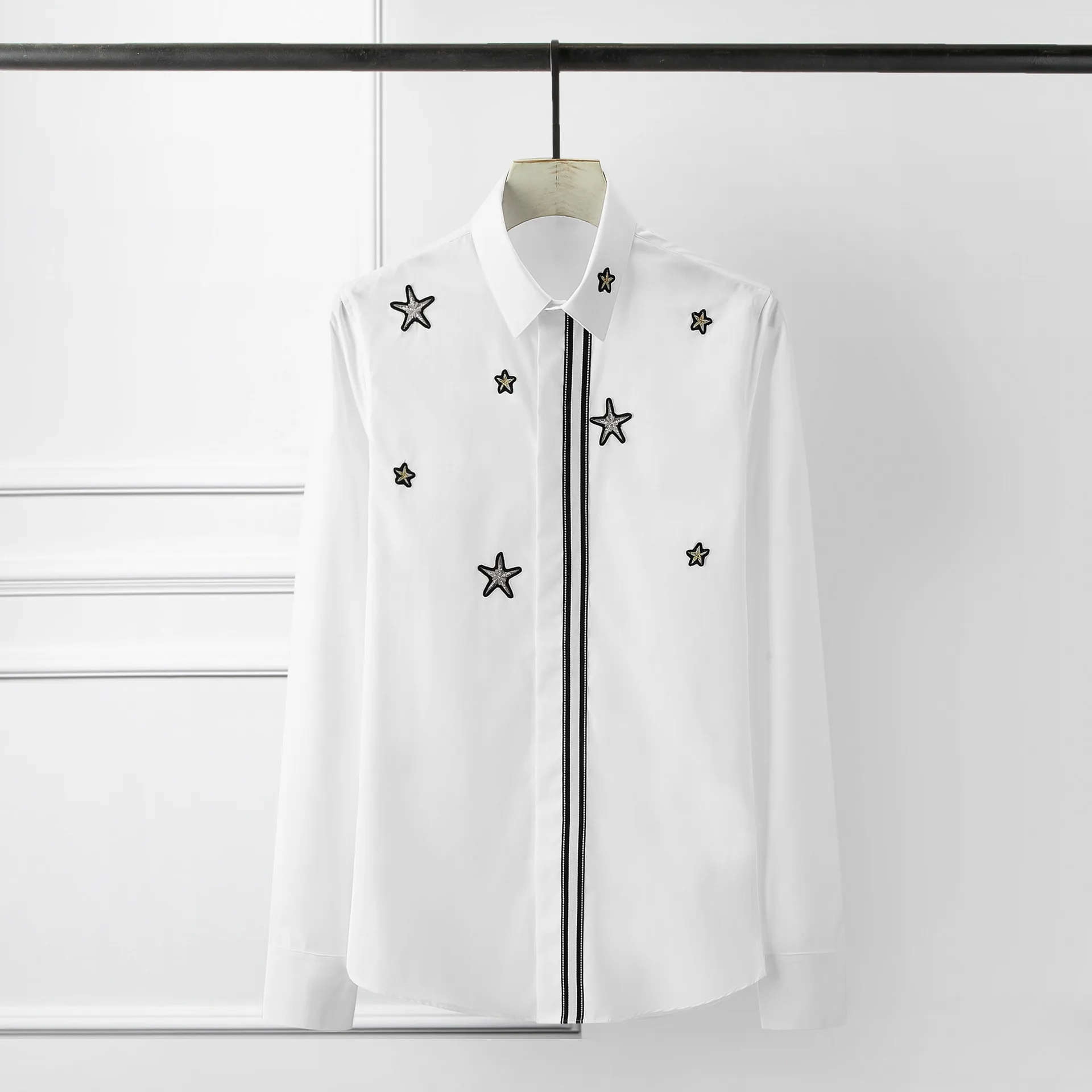 

Men Shirt Luxury Stars Ribbon 3d Embroidery Party Black White Long Sleeve Mens Dress Shirts Plus Size 4xl