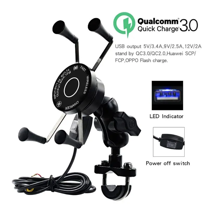 12V Motorcycle Phone QC3.0 USB Qi Fast Charging Wireless Charger Bracket Holder
