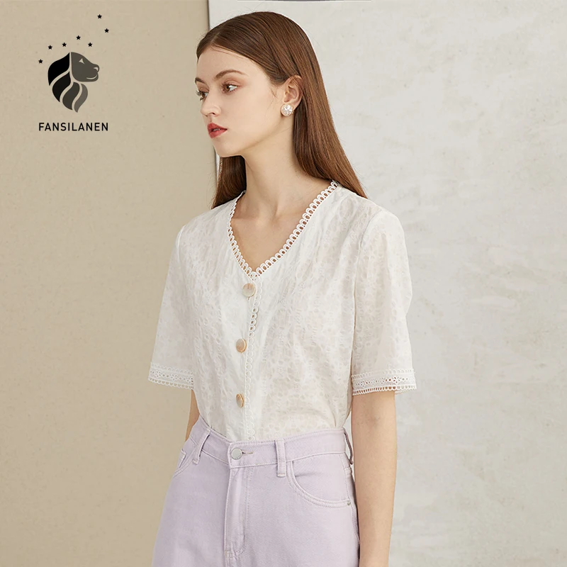 

FANSILANEN V neck white lace blouse shirt Women short sleeve vintage floral summer blouse top Female sexy cotton button up shirt