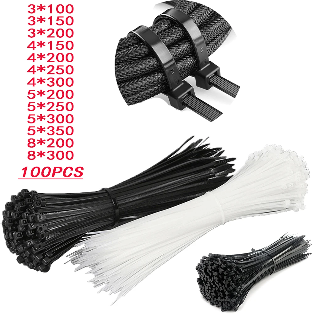 

100PCS nylon cable tie, self-locking black plastic winding cable tie, fixed cable tie, various specifications 3X200 5X300