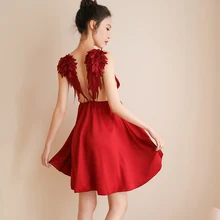 Женская Сексуальная атласная пижама Крылья Ангела набор открытая спина кружева v-образным вырезом без рукавов милый ремень ночная рубашка