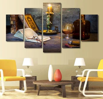 

Embelish 5 Pieces Vintage Book Glasses Candles Wine And Glass Cup Home Decor Pictures HD Canvas Painting Living Room Wall Poster