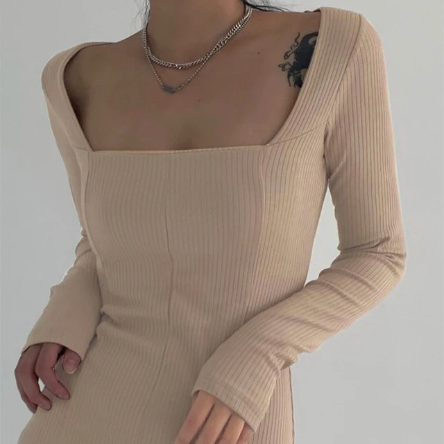 Darlingaga Elegant Square Neck Ribbed Black Dress Female Knitted Side Split Bodycon Dress Long Sleeve Fashion Mini Dresses Basic 4