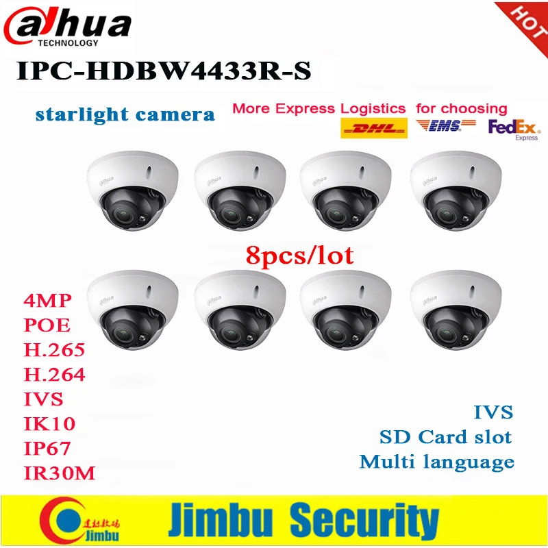 Dahua 4MP IP камера IPC-HDBW4433R-S 8 шт./лот H2.65 IR30M ночное видение с Micro SD памятью 128G IP67 IK10 cctv |