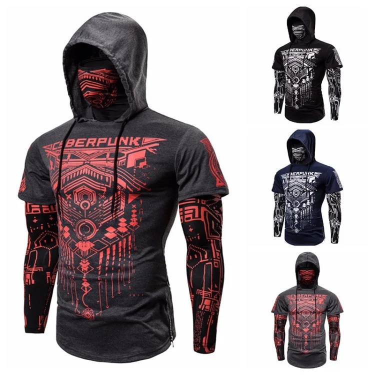 Hoodies Sweatshirt Skull-Mask Ninja-Suit Punk Fake Two-Pieces Pullover Homme Mens Elastic