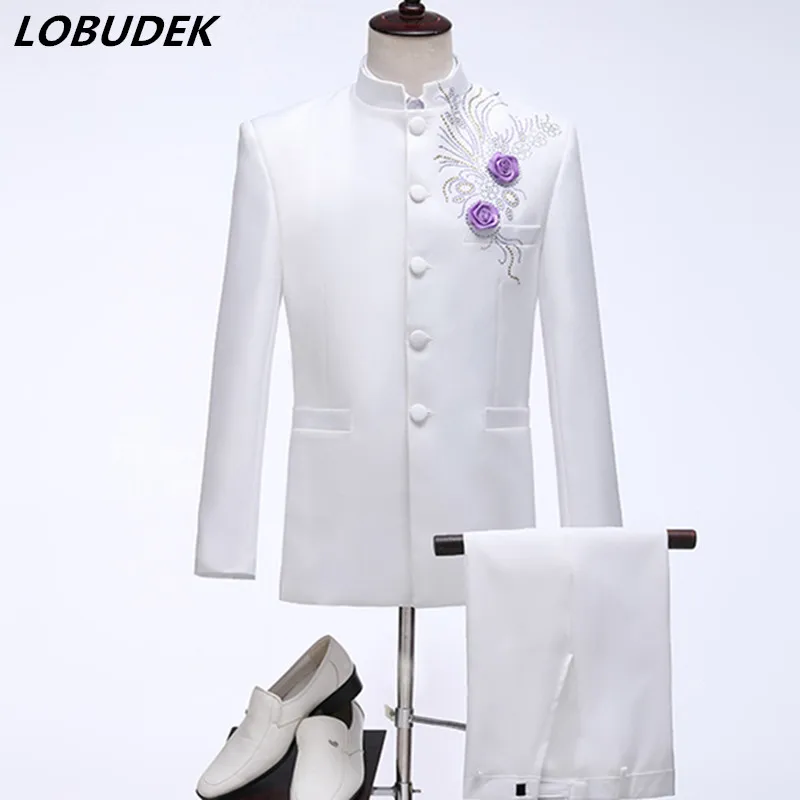 

Men's Stand Collar Suits Rhinestones Flower Chinese Tunic Suit Chorus Costume Singer Host Stage Performance Clothes Wedding Suit