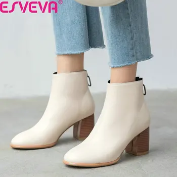 

ESVEVA 2020 Square High Heel Round Toe Casual Ankle Boots PU Leather Zipper Autumn Winter Concise Women Shoes Big Size 34-43