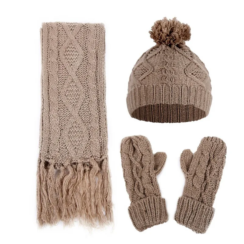 Женский вязаный шерстяной шарф, шапка, перчатки, набор из трех предметов, зимний теплый комплект