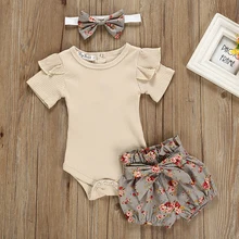 3Pcs Baby Girl Clothes Summer Solid Color Cotton Short Sleeve Romper Flower Pants Headband Outfits Set Newborn Infant Clothing infant baby girl cotton print clothes newborn letter print long sleeve leopard pants headband set 3pcs toddler clothing outfits