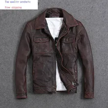Винтажная мужская куртка из натуральной коровьей кожи размера плюс, пальто из воловьей кожи, тонкая короткая куртка Veste Cuir Homme L-Z-14 YY1366
