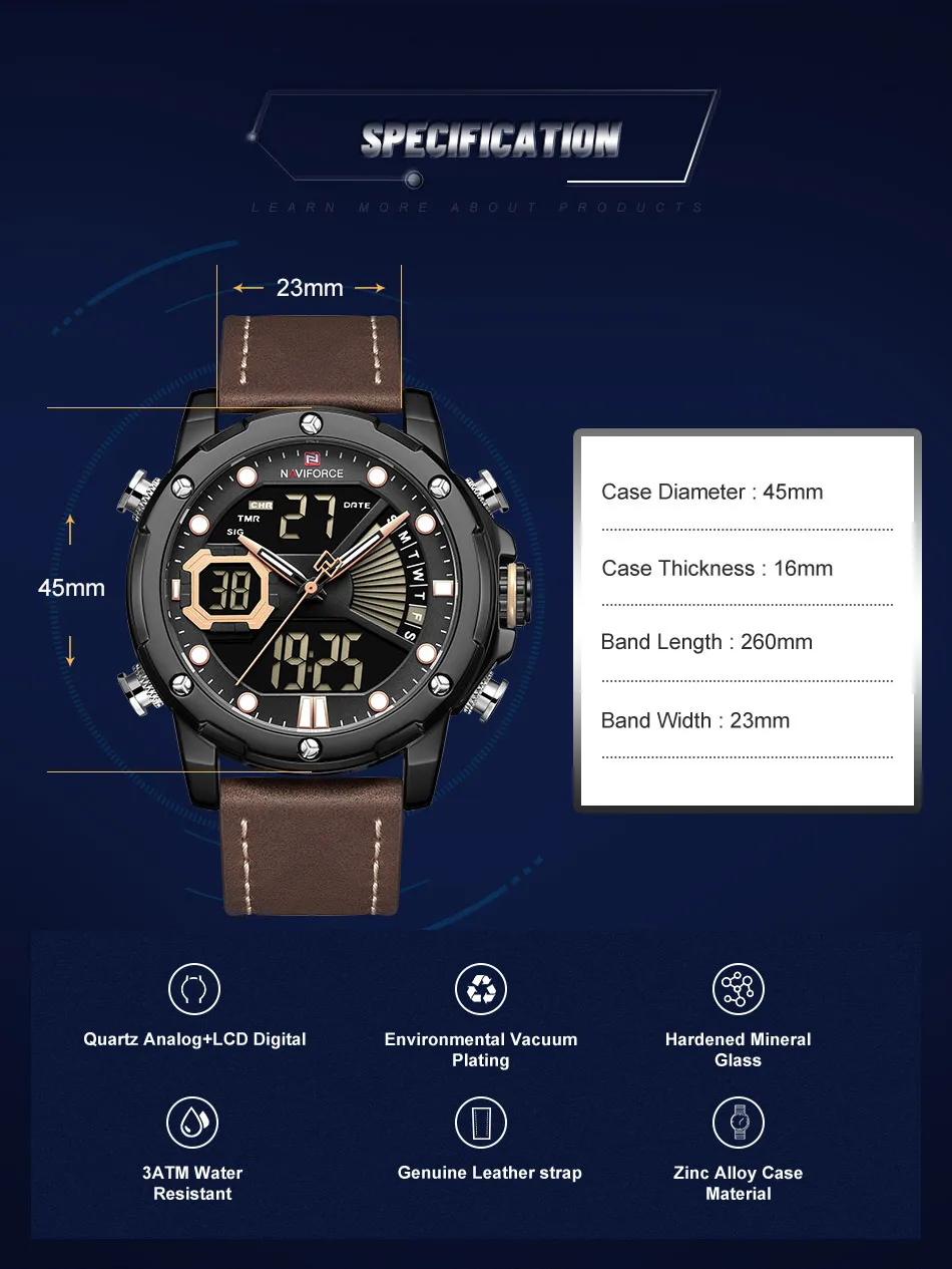 NAVIFORCE Топ Бренд роскошные модные мужские часы двойной дисплей аналоговые цифровые кварцевые часы для мужчин s водонепроницаемые часы Relogio Masculino