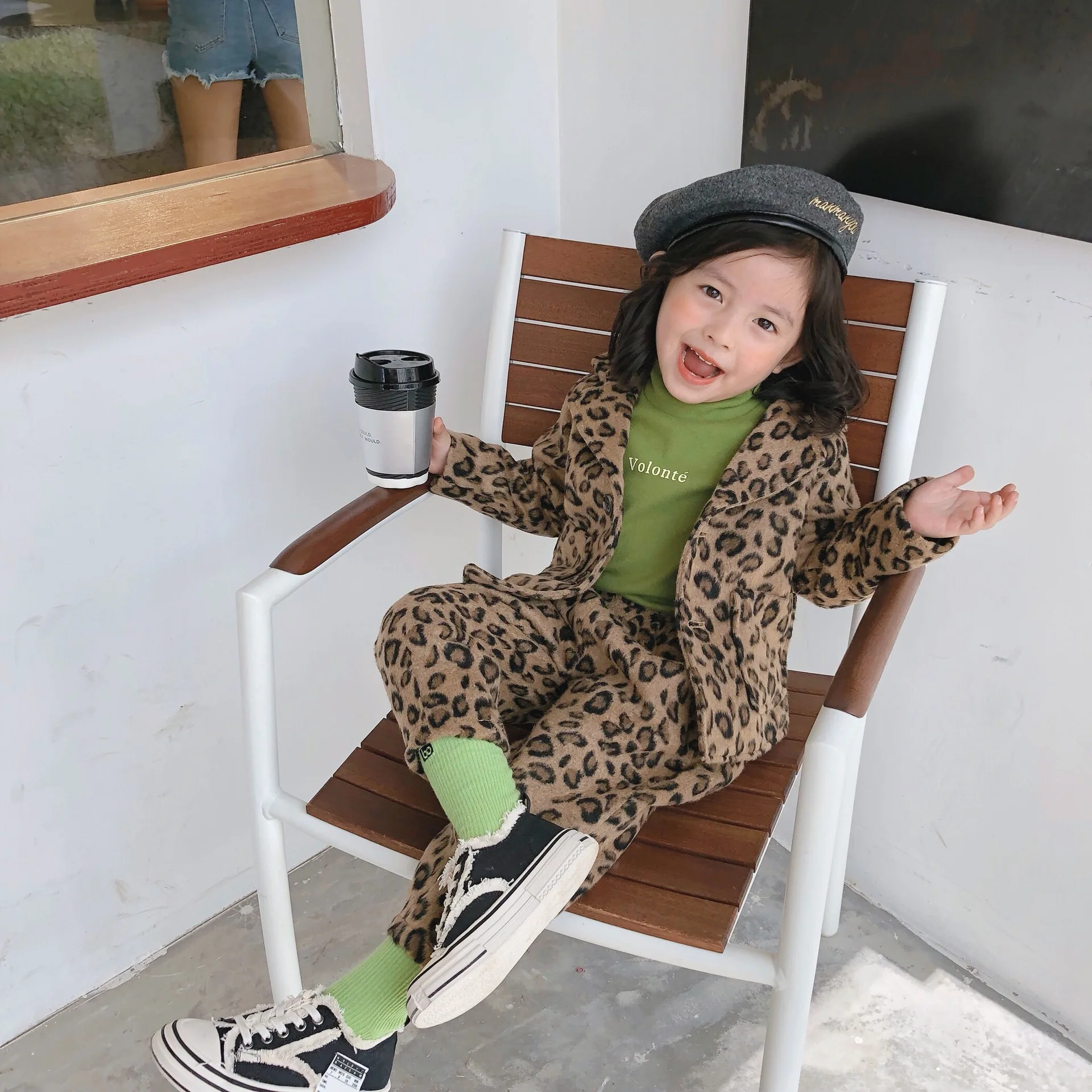 Новое поступление, осенне-зимние комплекты одежды в Корейском стиле шерстяное пальто с леопардовым принтом и длинные штаны модный костюм для девочек