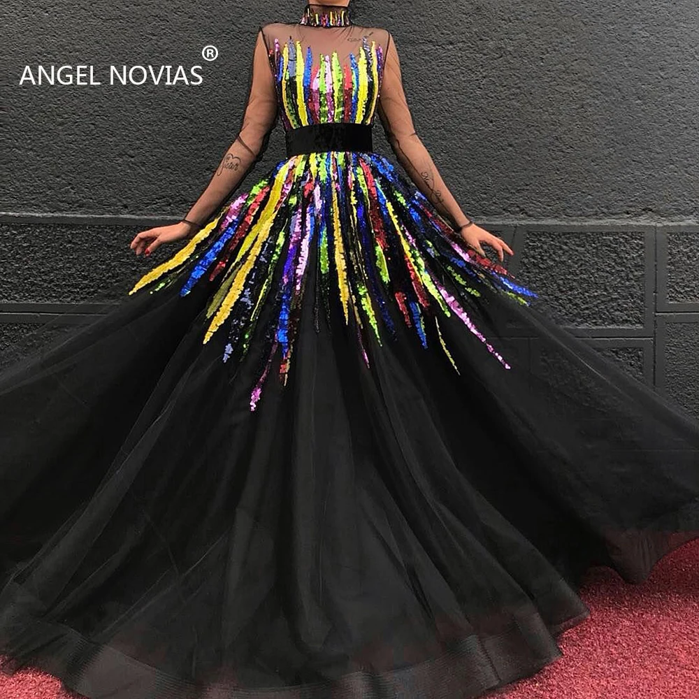 

Long Sleeves Black High Neck Arabic Lace Evening Dress Gown 2019 Saudi Arabia Dubai Moroccan Sexy Formal Prom Gowns