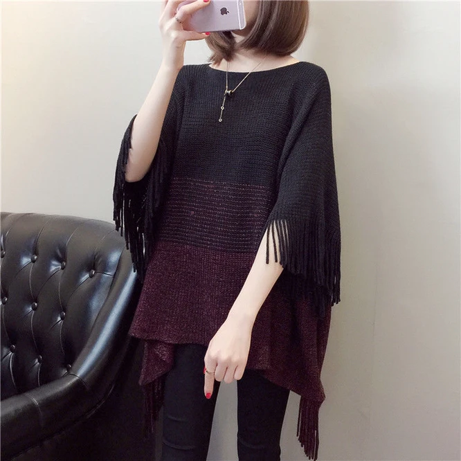 Spring Autumn New Women's Shawl Tassel Large Knitted Cloak  Blouse Air Conditioning Blouse Pullover Cloak Black
