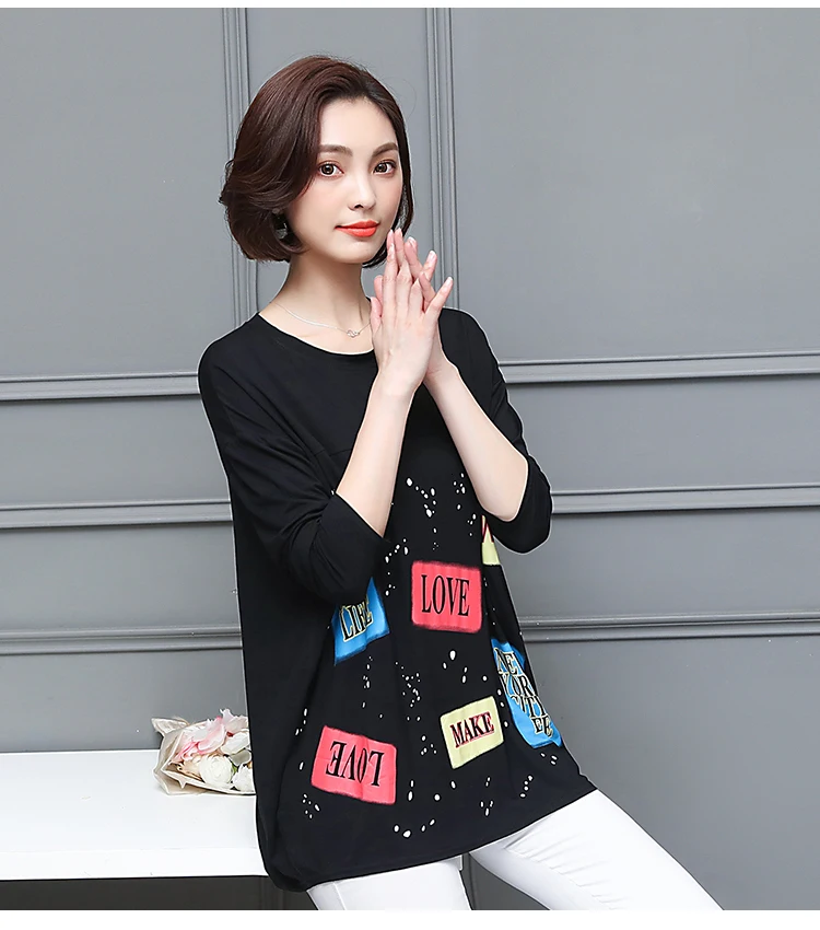 Плюс размер o-образным вырезом Топы осенние корейские женские повседневные свободные рукава «летучая мышь» черные Оверсайз Футболки женские футболки большого размера