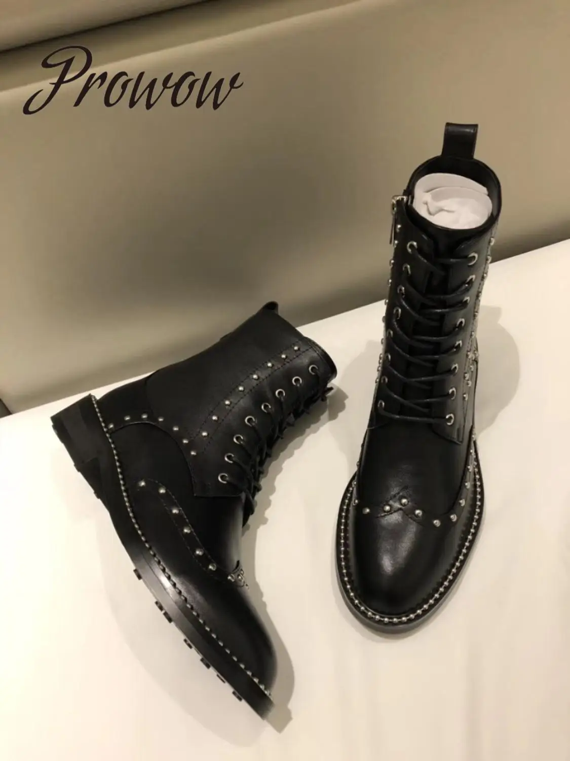 

Prowow New Genuine Leather Metal Studded Ankle Boots Round Toe Lace Up Autumn Winter Women Boots Shoes Women