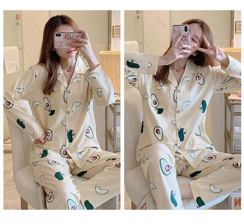 CAIYIER Autumn Winter New Sleepwear Set Women Turn-down Collar Pajamas Cute Cartoon Pattern Button Top+Pants Leisure Home Wear