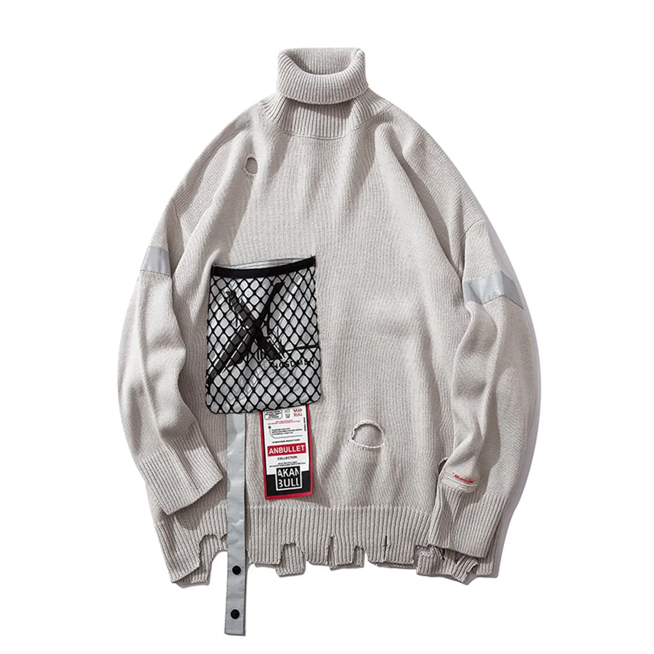 3M Reflective Turtleneck Hole Loose Mens Swwater Luminious Ribbon Loose Casual Maglioni Uomo Oversize Black Gray Sweaters Male