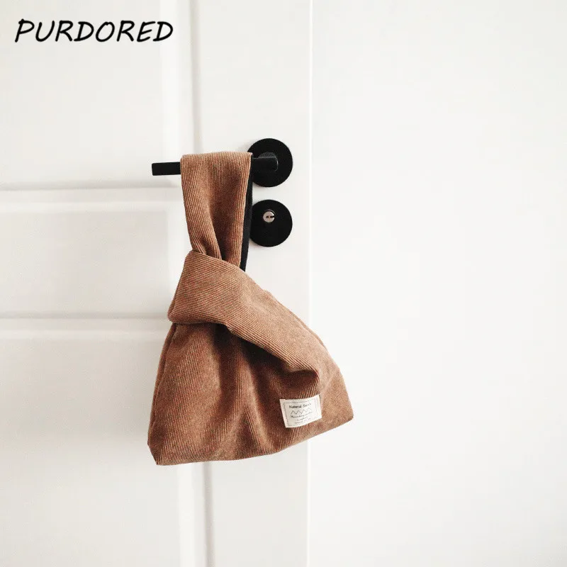 

PURDORED 1 Pc Japanese Style Coin Purse Corduroy Solid Color Women Knotted Wrist Bag Money Wallet Coin Change Earphone Package