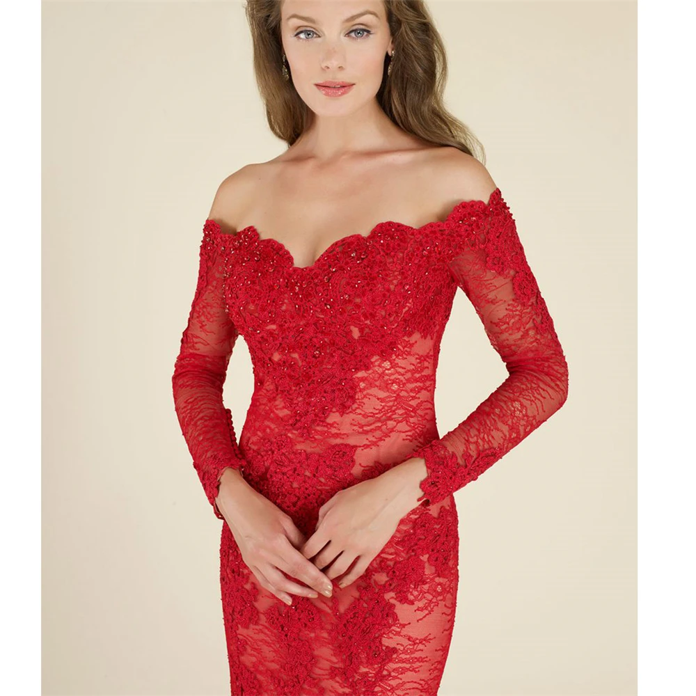 Очаровательное Красное Кружевное Платье Vestidos De Fiesta De Noche с длинными рукавами, облегающее платье с открытыми плечами и аппликацией, длинное платье для матери невесты
