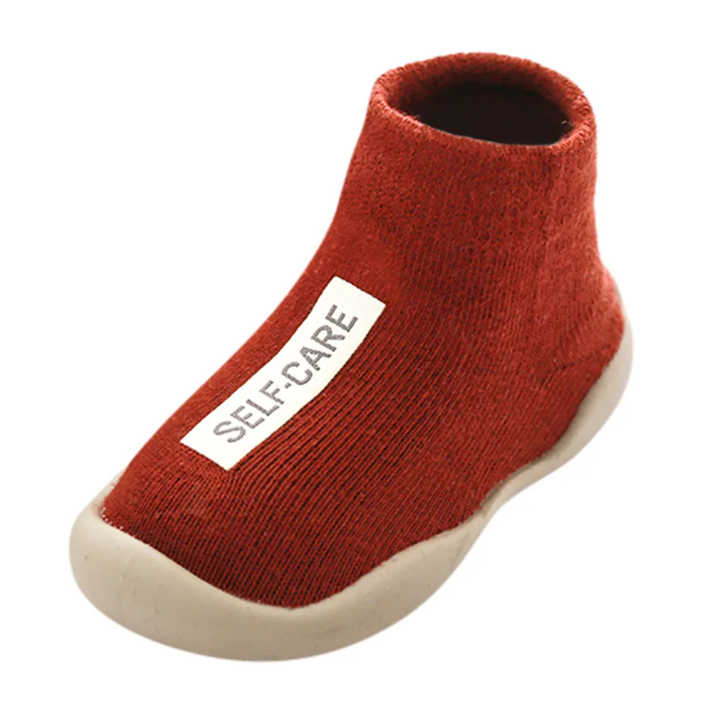 Зимняя Теплая Обувь для новорожденных мальчиков и девочек; однотонные Нескользящие вязаные носки с надписями; детская обувь Туфли