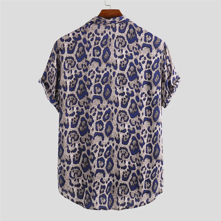 KLV, мужская рубашка, хлопок, лен, с принтом, отложной воротник, короткий рукав, Свободная Повседневная рубашка, топ, леопардовая рубашка размера плюс S-3XL