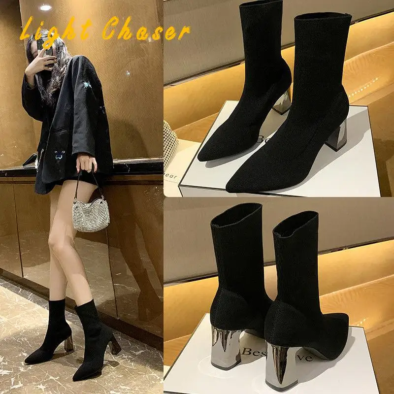 Pointed High-heeled Boots Women's Autumn/winter Knit Socks Boots Mid-tube Stretch Boots Mid-heel Thick-heeled Women's Short Boot