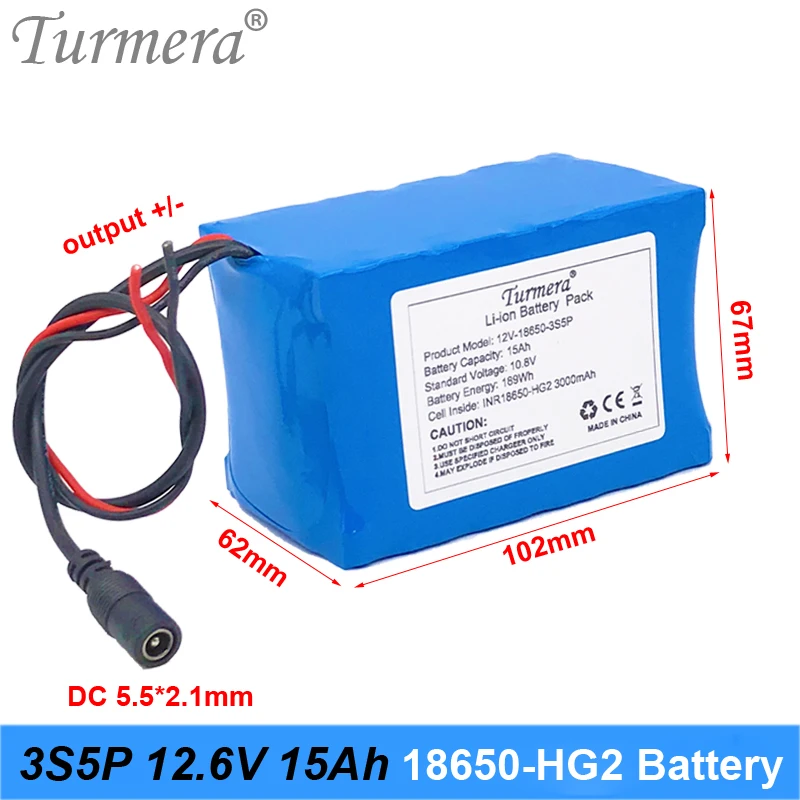 Turmera 3S5P 12V 15Ah Rechargeable Lithium Battery Pack Use HG2 3000mAh battery with 40A BMS for uninterrupted power supply 10.8V 12.6V 06