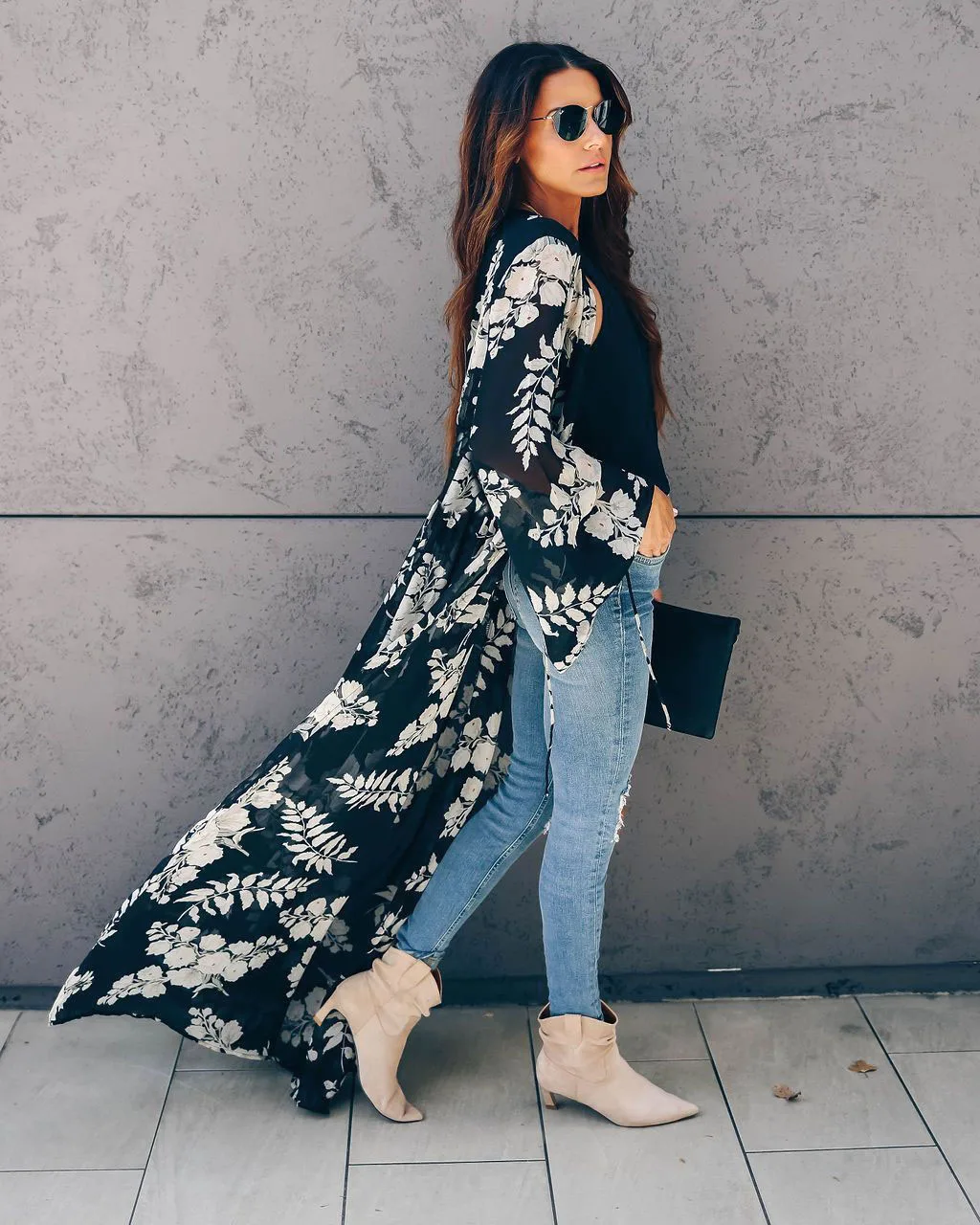 Bikini Cover-ups Boho Printed Long Kimono Cardigan Plus Size White Black Chiffon Tunic Women Beach Wear Swim Suit Cover Up A225