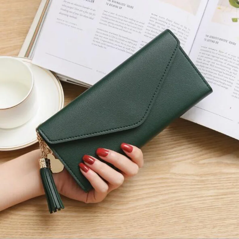 Женский кошелек с длинными рукавами, модный, с кисточками, на молнии, тренд, в форме сердца, с подвеской, личи, многофункциональный студенческий бумажник - Цвет: Dark green