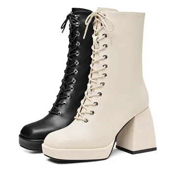 

High Quality Leather Flat Platform Women Ankle Boots New Fall Crude Heel Square Toe Ladies Shoes Zip Cross-Tied Short Boots 9cm