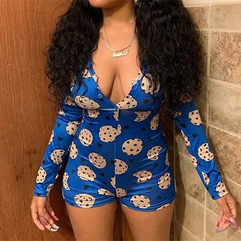 

Sexy Onesies For Adults 2020 Newest Autumn Winter Long Sleeve V-neck Funny Pattern Print Pajama Romper Women Christmas Nightwear