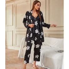 Pajamas women's sexy four piece suit silk thin nightdress women's long sleeve top pyjama femme hiver Night robes with straps