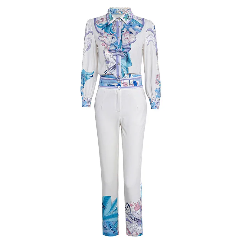 

Goodlishowsi new women suit fashion autumn turn down collar ruffules full sleeve pants set