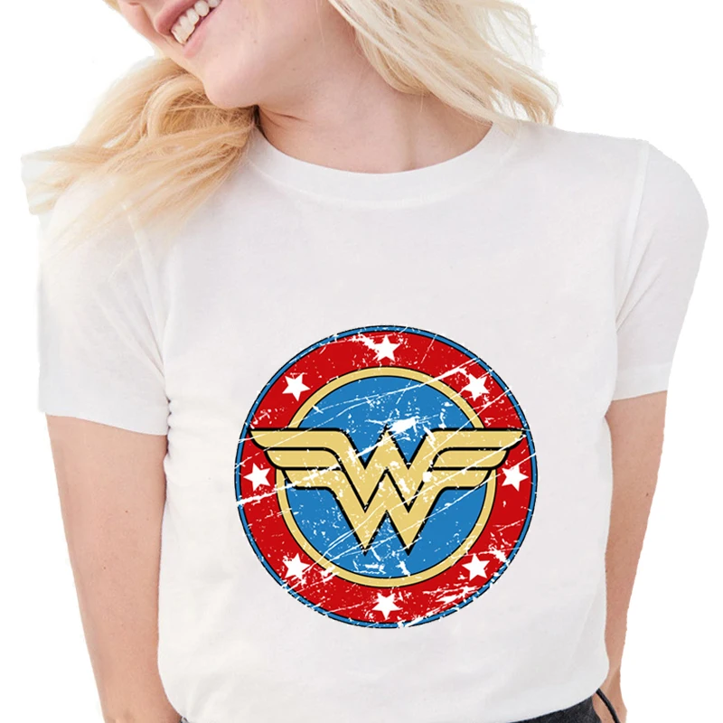 Новые летние женские модные футболки с принтом Wonder Woman, крутые мягкие хлопковые белые топы с коротким рукавом S1260