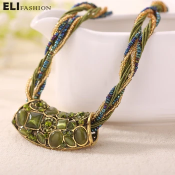 

ELIfashion Retro Bohemia Style Necklace Multilayer Beads Chain Crystal Grain Sector Colorful Resins Strip Shape Pendant Necklace