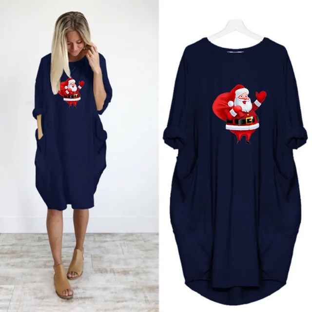 Navidad Women Dress Christmas Pocket Casual Loose Vintage Party Fall Clothes Santa Claus Kawaii Womens  Dresses D002M544 Blue