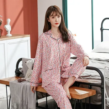 

NORMOV Autumn Sets Pajamas Women Printing Long Sleeve Set Plus Size Pajamas Female Turn-Down Collar Casual Loose Pajamas Set