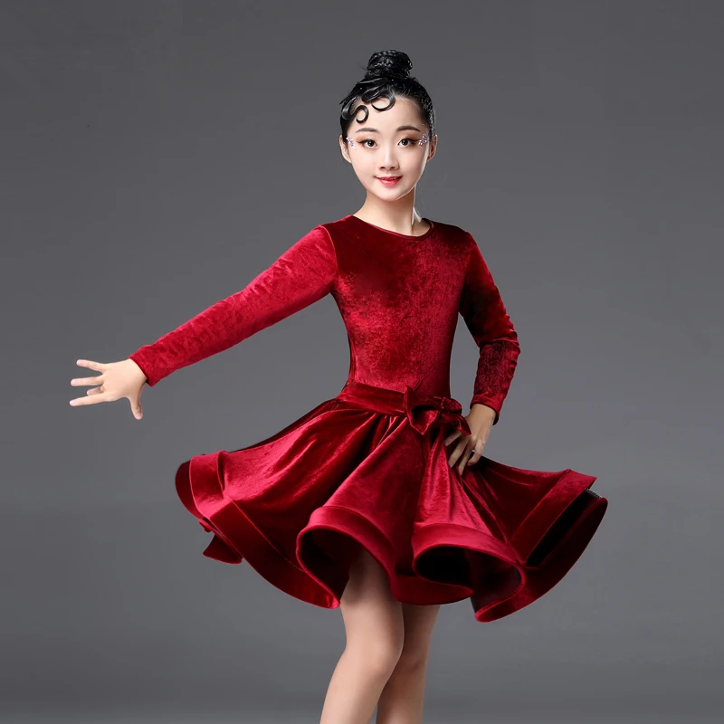 Детские платья для девочек с длинным рукавом, платье для латинских танцев, бархатные бальные костюмы для соревнований, вечерние костюмы для выступлений - Цвет: Red