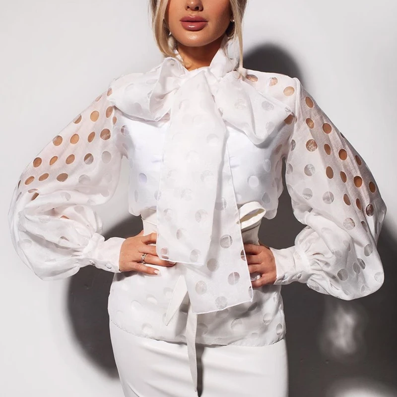 Блузка в горошек с рукавами-фонариками, женская элегантная винтажная рубашка, женский топ для вечеринки, blusas mujer - Цвет: Белый