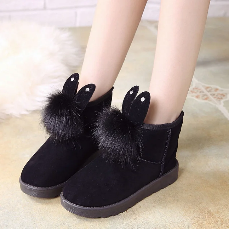 

Rabbit Winter Flock Women Snow Boots Round Toe Warm Suede Ladies Winter Boots Short Fur Solid Female Flat Snow Boots