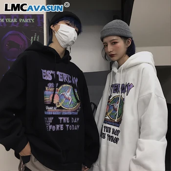 

LMCAVASUN Autumn Winter Women Loose Plus velvet Airship Printing Black Thin Pullover O-neck Hoddie Sweatshirt Girls Hoodies