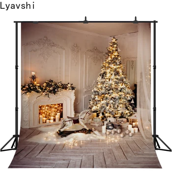 

Lyavshi Christmas Tree Fireplace candle Wooden Floor Photographic Backgrounds Customized Photography Backdrops For Photo Studio
