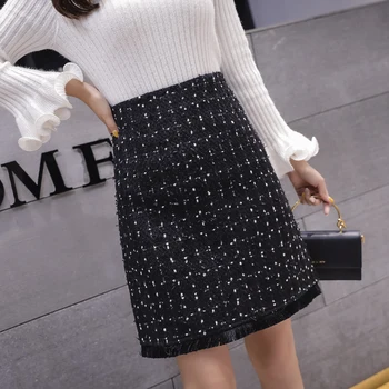 

Black Tweed Skirts Women Tassel Autumn Mini Pencil Skirts Plaid Wool Skirts Korean High Waist Elegant Office Lady Skirt V935
