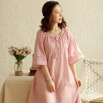 

Women's Cotton Short Sleeve Comfortable Nightgown Thin Loose Nightdress Female Comfy Solid Color Summer Home Sleeping Dress