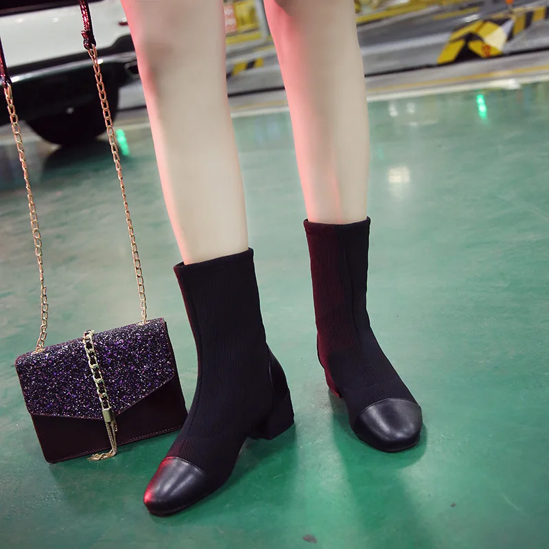 Лоскутные носки bottes femme; вязаные Ботинки martin; botines; плюшевые зимние женские ботинки; Ботинки Челси до середины голени; Новинка; эластичная обувь