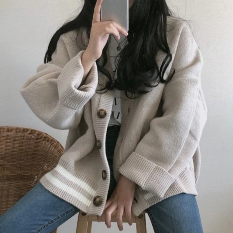 Осень Зима корейский Kardigan Harajuku Женский вязаный свитер винтажный v-образный вырез сплошной цвет плюс размер кардиган вязаный
