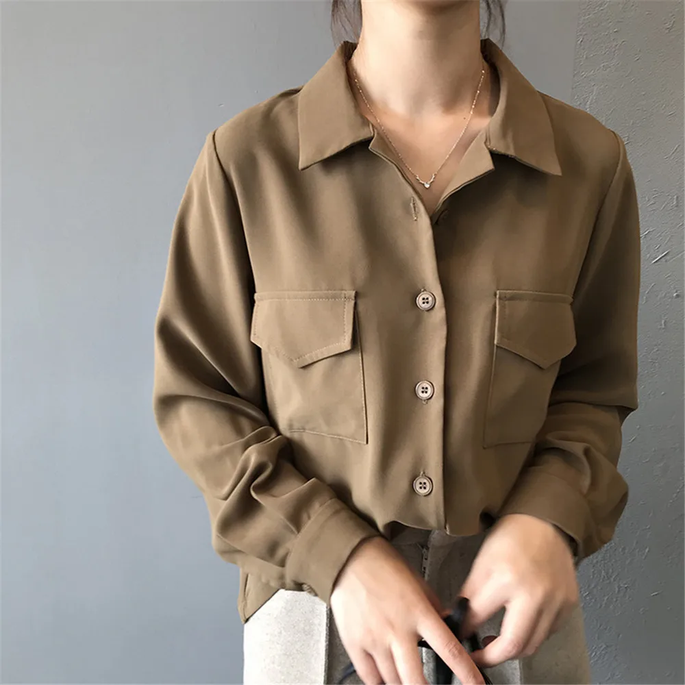 Autumn Solid Women Blouse 2019 Casual Lapel Double Pockets Blouse Shirt Flannel Shirts Female Long Sleeve Tops Y0576 (4)