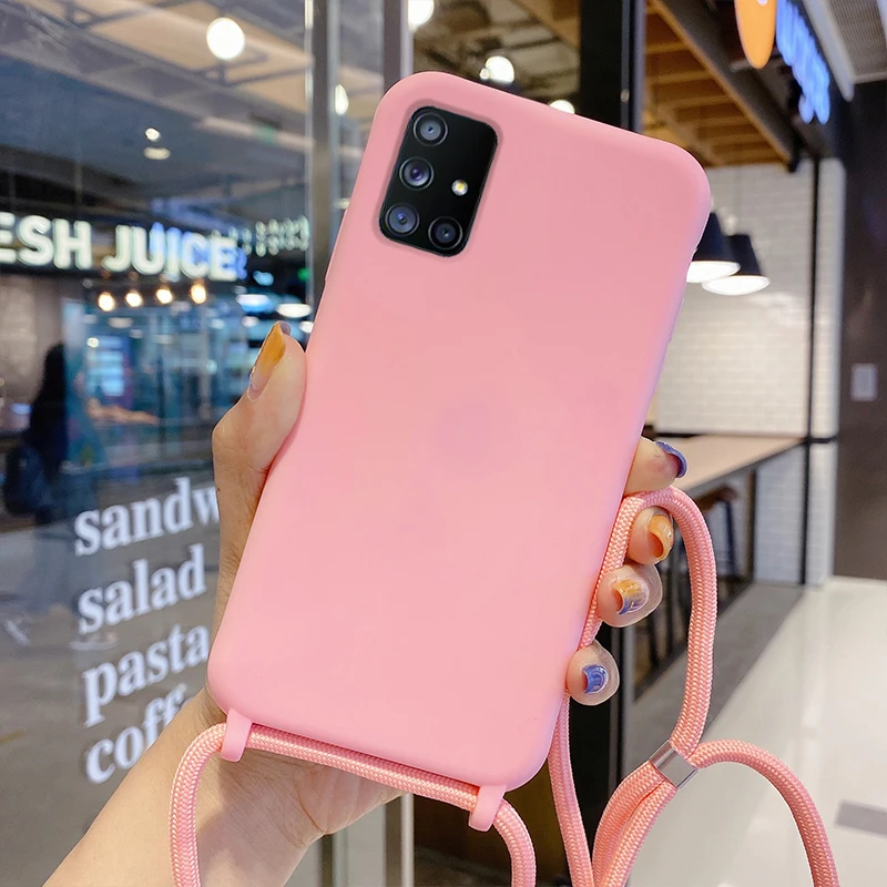 Solid Color Lanyard Strap Cord Rope Phone Case For Samsung A52 A72 A32 A12 5G A51 A71 A41 M60S M80S A81 A91 Soft Silicone Cover samsung silicone cover