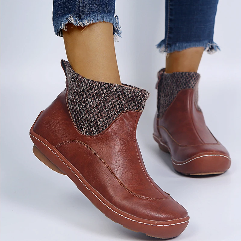 

2020 Hot Women's Pu Leather Ankle Boots Women Low Heel Zipper Vintage Boots Short Plush Punk Boots Flat Ladies Retro Shoes